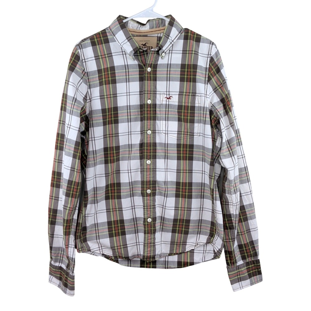 Hollister Mens Plaid‎ Button Down Shirt L White Olive Green Long Sleeve Preppy